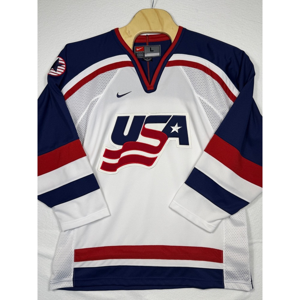 Nike Vintage 2002 USA National Hockey Team Olympic Jersey LG White Red Blue